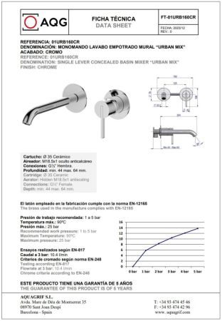 AQG Urban Two, встраиваемый в стену однорычажный смеситель для раковины, цвет хром, артикул 01URB160CR