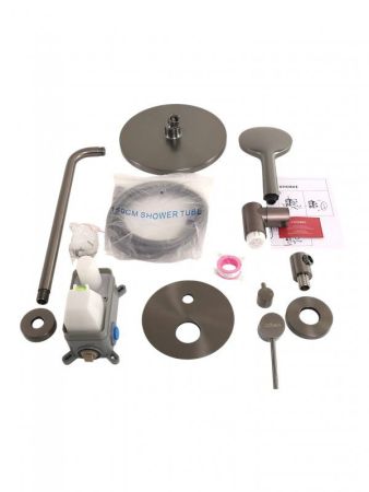 RELAX-DSET-GM Душевой комплект встраиваемый (смеситель встраиваемый, верхний душ, ручной душ со шлангом, штуцер с держателем), оружейная сталь, артикул RELAX-DSET-GM