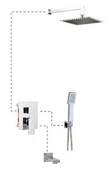 AQG Bold, душевой комплект EC316 на 3 потребителя, с квадратным изливом, с квадратным верхним душем 25х25 см и кронштейном 35 см, цвет хром
