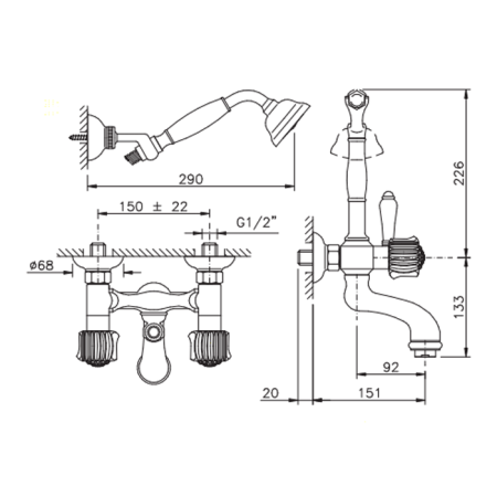 Nicolazzi Onice Смеситель для ванны настенный с душем duplex, цвет: хром, артикул 2102CR09O