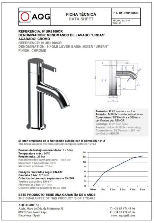 AQG Urban, однорычажный смеситель для раковины без донного клапана, цвет хром, артикул 01URB100CR