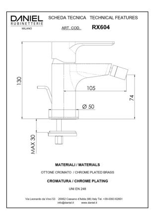 Daniel Reflex, однорычажный смеситель для биде с донным клапаном, цвет хром, артикул RX604-CR