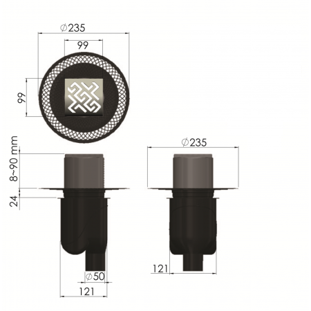 Трап BERGES водосток PLATZ Antik 100х100, хром глянец, S-сифон D50/105 H50 вертикальный, артикул 091060