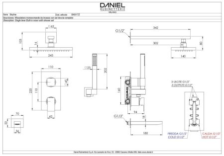 Daniel Skyline, душевой комплект на 3 потребителя, с квадратным изливом, прямоугольным верхним душем 24х14 см и кронштейном 30 см, цвет золото, артикул SK617Z-DO