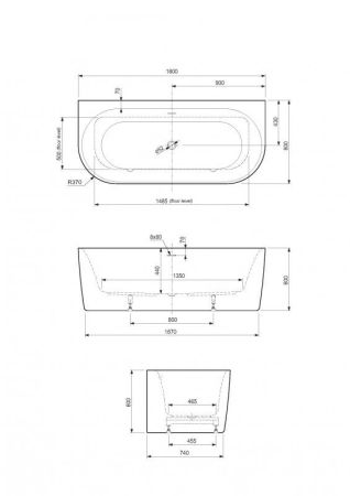 Акриловая ванна пристенная, цельная,  METAURO-INT-Wall-180-80-60, артикул METAURO-INT-Wall-180-80-60