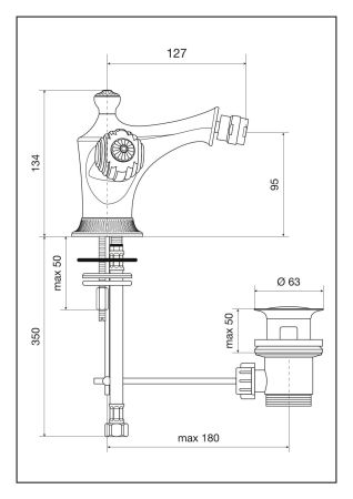 Смеситель The One с донным клапаном для биде. Металлические ручки, цвет бронза