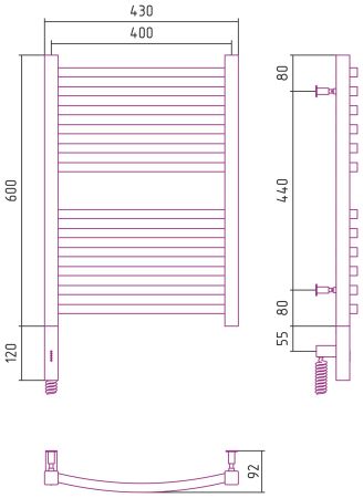Полотенцесушитель, Сунержа, Аркус 3.0, электрический, ширина, мм-430, глубина, мм-92, высота, мм-720, межосевое расстояние-400, подключение-нижнее слева, электрокомплект-МЭМ, мощность, Вт-300, материал-нержавеющая сталь, цвет-сталь, артикул 00-5704-6040