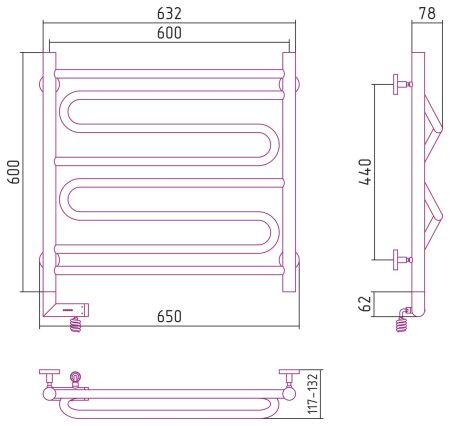 Полотенцесушитель электрический "ЭЛЕГИЯ 2.0" 600х600 / МЭМ левый (Без покрытия)