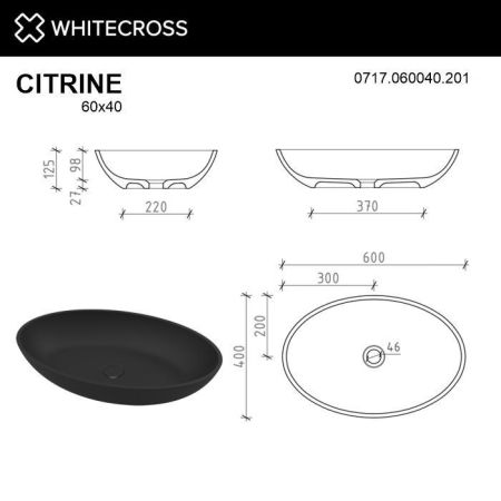 Умывальник WHITECROSS Citrine 60x40 (черный мат) иск. камень, артикул 0717.060040.201