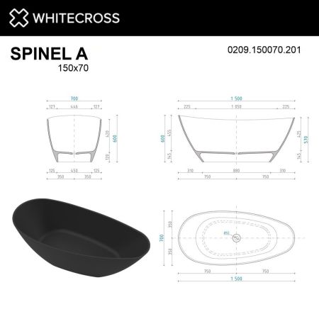 Ванна WHITECROSS Spinel A 150x70 (черный мат) иск. камень, артикул 0209.150070.201