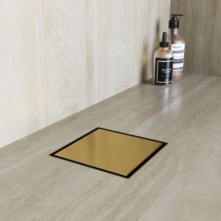 Душевой трап RGW SDR-10 квадратный, золото BRUSH, металлическая крышка, горизонтальный слив, артикул 79211000-06