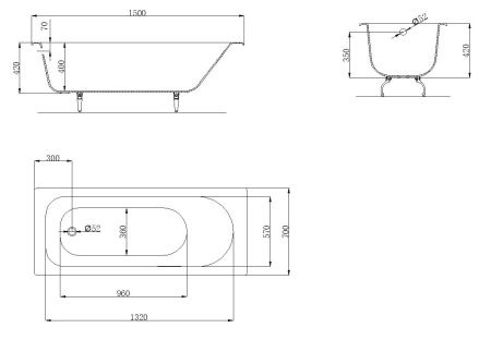 Роксен ванна чугунная 1500*700 б/п, без ручек, ножки в комплекте