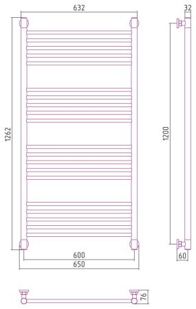 Полотенцесушитель, Сунержа, Богема +, прямая, водяной, ширина, мм-650, глубина, мм-76, высота, мм-1262, межосевое расстояние-600, подключение-диагональное/нижнее/вертикальное, мощность, Вт-834, присоединительный размер-НР G 1/2" / НР G 3/4" (эксцентрик), , артикул 12-0220-1260