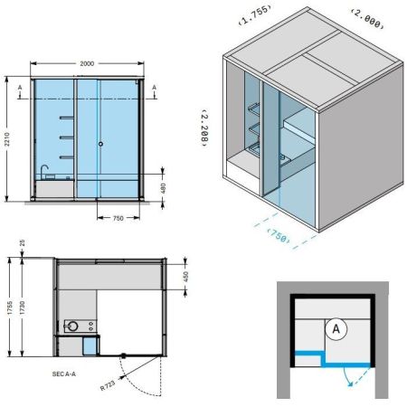 Effegibi BodyLove H Хаммам 200x176xh220 см, размещение в нишу L.H., отделка керамогранит Champagne, артикул BL 30 01 0001