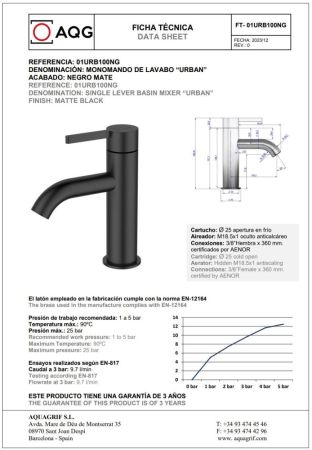 AQG Urban, однорычажный смеситель для раковины без донного клапана, цвет черный матовый, артикул 01URB100NG