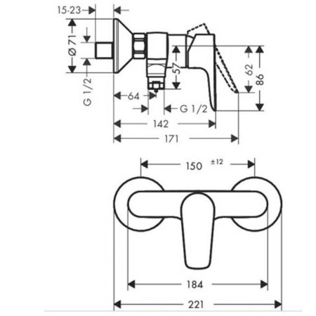 Смеситель для душа, Hansgrohe, Talis E, тип открывания воды-рычажный, тип регулирования воды-керамический картридж, монтаж-вертикальный (настенный), отверстия для монтажа-2, цвет-хром, артикул 71760000