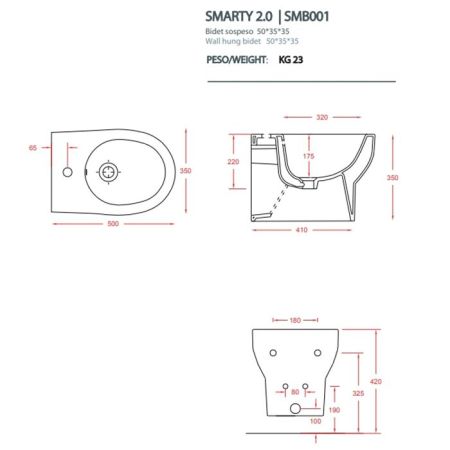 Биде, Artceram, SMARTY 2.0, тип установки-подвесной, ширина, мм-350, глубина, мм-500, высота, мм-350, форма чаши-овальная, отверстия для смесителя-1, материал-керамика, без креплений, цвет-белый глянцевый, артикул SMB001 01 00