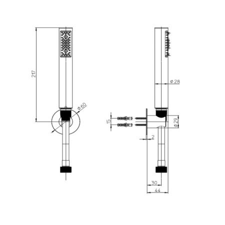 Bossini Nobu Комплект лейки Nobu из нержавеющей стали с фиксированным держателем и шлангом Cromolux 150 cm. цвет Mat brushed S.S.