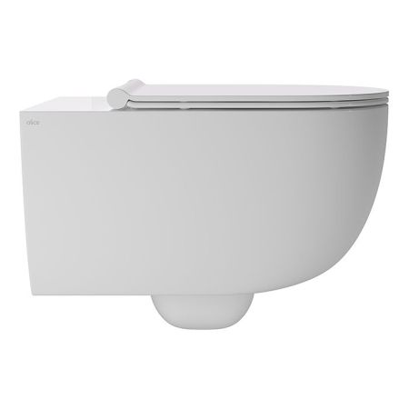 Унитаз, Alice, Unica, безободковый (с открытым смывным краем), тип установки-подвесной, ширина, мм-350, глубина, мм-550, высота, мм-345, форма чаши-овальная, выпуск-горизонтальный, материал-керамика, сиденье и крышка с микролифтом-в комплекте, вид грязеот, артикул 32240101SET