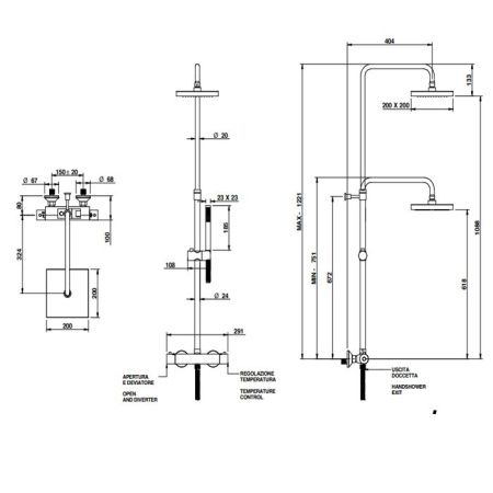 Bongio  Душевая стойка с термостатом верхним душем 200*200мм с ручным душем, хром