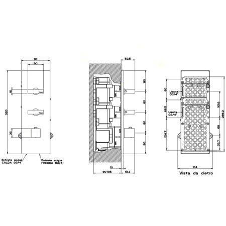 Gessi Rettangolo Встраиваемый термостат, подключение на 3/4”, с 2мя независимыми выходами(внешние части), цвет: хром, артикул 43024#031