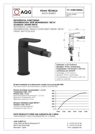 AQG Beta, однорычажный смеситель для биде без донного клапана, цвет черный матовый, артикул 01BET200NG