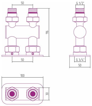 Модуль 2х1/2" прямой EU50 (Матовое ЗОЛОТО) Модуль 2х1/2" прямой EU50 (Матовое ЗОЛОТО)