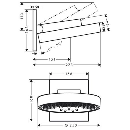 HG Rainfinity Верхний душ, d=250мм, 3 jet, с настенным держателем, EcoSmart, цвет: хром, артикул 26233000