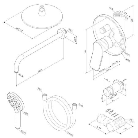 FB85A1RH20 X-Joy, набор: см-ль д/в/душа, верхний душ 220 мм, держатель д/верхн.душа, душ.набор (ручн, артикул FB85A1RH20