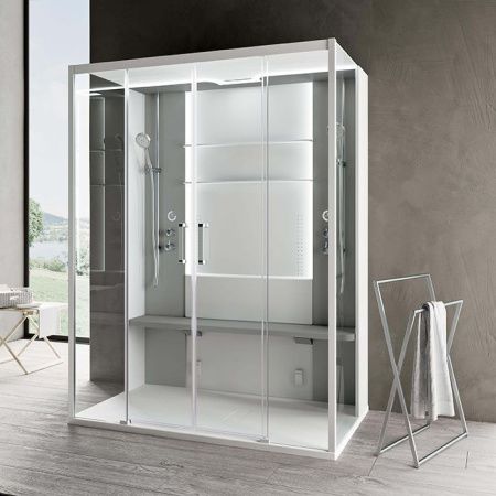 NOVELLINI SKILL DUAL Душевая кабина 1600х970х2190 мм., пристенная, левая, поддон 125 мм., стенка белая глянцевая, вставки Light grey, стекло прозрачн