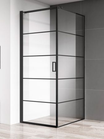 Душевой уголок 900*900*1950мм., стекло 6мм, цвет профиля матовый черный, горизонтальные линии., артикул AQM5215-LH-9