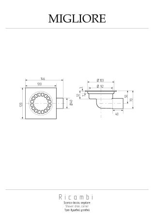 MIGLIORE Трап душевой, 120x120 mm., (выпуск угловой ), золото, артикул 20216