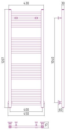 Полотенцесушитель, Сунержа, Модус, водяной, ширина, мм-450, глубина, мм-75, высота, мм-1207, межосевое расстояние-400, подключение-диагональное/нижнее/вертикальное, мощность, Вт-800, присоединительный размер-НР G 1/2" / НР G 3/4" (эксцентрик), материал-не, артикул 00-0250-1240