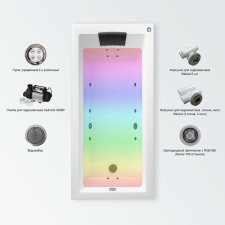 Гидромассажный комплект с хромотерапией 5 в 1 Lavinia Boho Element 36268H0C, акриловая ванна 170x80 см, каркас с монтажным набором, подголовник, хромотерапия, гидромассаж, артикул 36268H0C