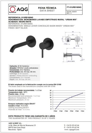 AQG Urban Two, встраиваемый в стену однорычажный смеситель для раковины, цвет черный матовый, артикул 01URB160NG