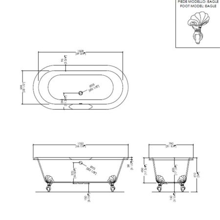 Devon&Devon Draycott Ванна 170х79хh61 см, чугунная, отдельностоящая,белая  загрунтованная снаружи, ножки EAGLE белые, артикул 2MRDRAYBIDD