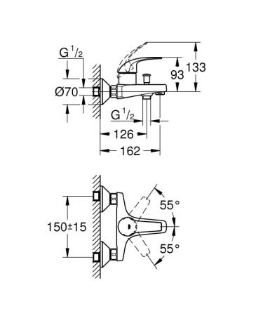 Смеситель для ванны с душем  GROHE BAU CURVE 23599000 (хром, L-16), шт Смеситель для ванны с душем  GROHE BAU CURVE 23599000 (хром, L-16), шт