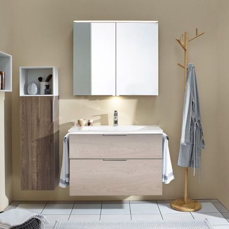 BURGBAD Eqio База подвесная с керамическим умывальником 930х490х645 мм. 2 ящика с ручкой желоб., c 1 отв под смес.   цвет фланелевый дубовый F2632