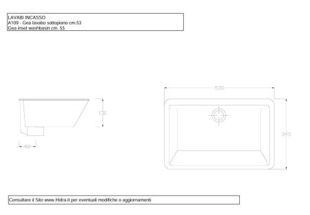 Hidra Lavabi, подстольная прямоугольная раковина 53x34,5x13h см, цвет белый глянцевый, артикул A109/001