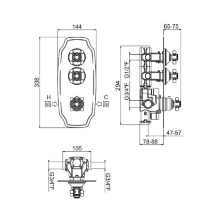 Carimali COLONIAL  Внешняя часть вертикальная двухстороннего горизонтального термостатического смесителя с высокой пропускной способностью. хром