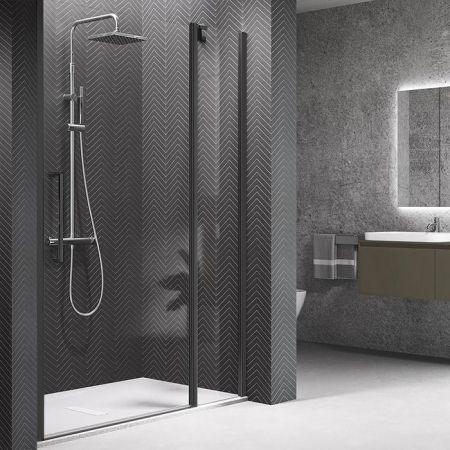 NOVELLINI YOUNG Дверь для душа с неподвижным сегментом 1170-1210х2000 мм., распашная, одностворчатая, реверсивная, профиль черный мат, стекло прозрачн