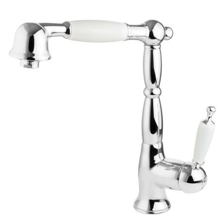 CUCINA OXFORD Смеситель для кухни моноком. с выдвижной лейкой, ручка белая/хром, артикул 18243