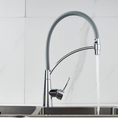 Смеситель для кухни с гибким изливом Shevanik S743-9, хром/серый