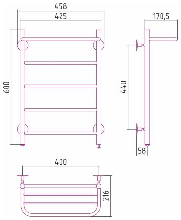 Электрический полотенцесушитель СТИЛЬЕ "Формат 30 П" 600х400 (Полка + 4) П16 (Без покрытия)
