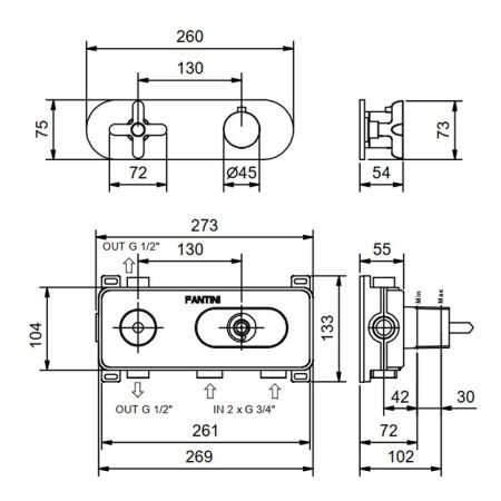 Fantini ICONA CLASSIC Термостатический встраиваемый смеситель для душа, 3/4'' (наружная часть), цвет: хром, артикул 5302R772B