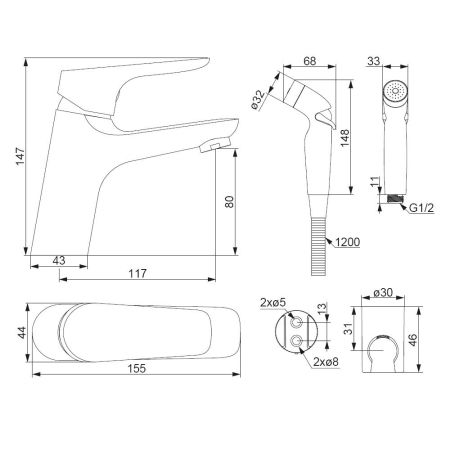 770300001 Jupiter, смеситель для умывальника с гиг. душем, хром, артикул 770300001