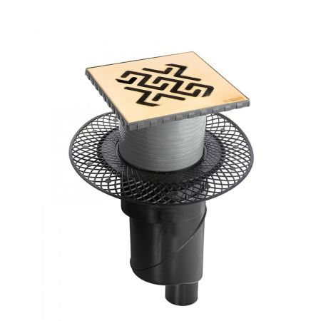 Трап BERGES водосток PLATZ Antik 150х150, золото глянец, S-сифон D50/105 H50 вертикальный, артикул 092061