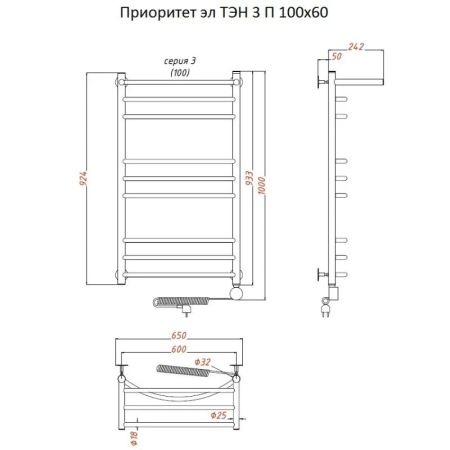 Электрический полотенцесушитель Тругор Приоритет 3 элТЭН 100x60 с полкой Хром, артикул Приоритет3/элТЭН10060П