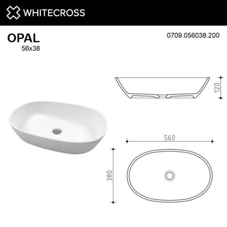 Умывальник WHITECROSS Opal 56x38 (белый мат) иск. камень, артикул 0709.056038.200