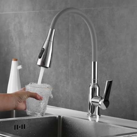 Смеситель для кухни с гибким изливом Shevanik S843-9, хром/серый